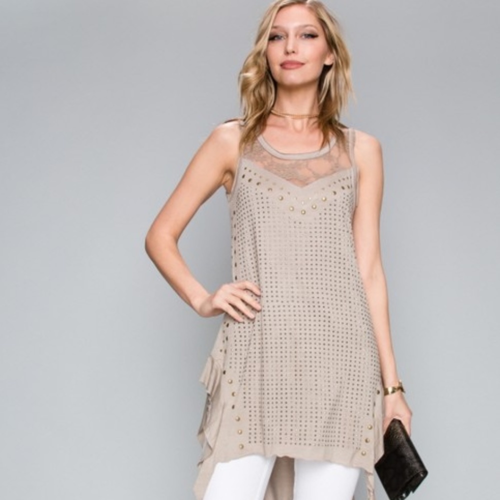 NWT VOCAL TUNIC TANK TOP beige LACE STUDS GORGOEUS SM MD LG - Picture 1 of 4